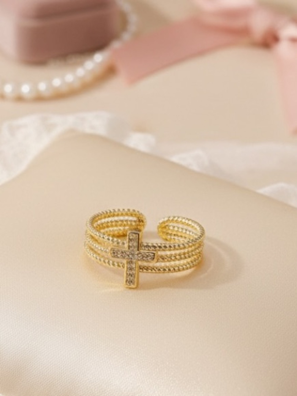 Y2K Dainty Bling Cross Multi Layer Stacked Religious Statement Ring Coquette